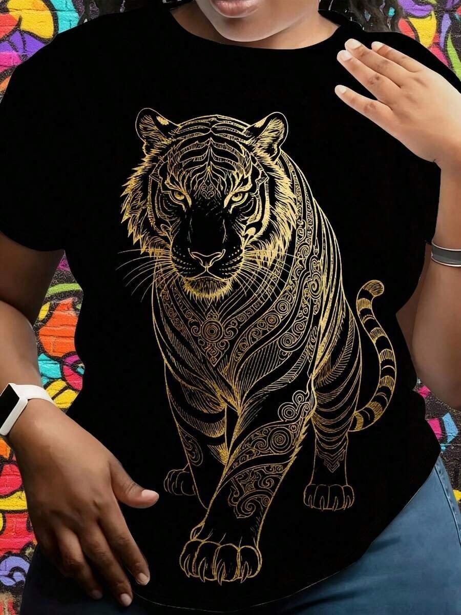 100% Cotton. Unique And Exclusive T-Shirt With A Y2K Style Gold Tiger Design, Perfect For Highlighting Your Personality And Love Of Fashion. Ideal For Any Occasion, It Combines Comfort And Style With This Striking Design That's Making Waves In Mexico. - 黑色 - 查看 1