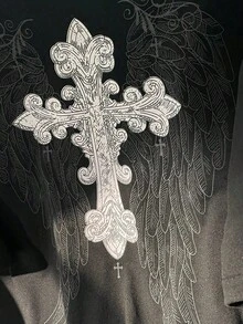 Casual Short Sleeve T-Shirt With Round Neck And Crossed Wings Print For Teenagers, Summer, Vacation - 黑色 2 - 查看 3