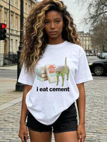 Ropa de verano para mujer, camiseta de algodón suave y casual con cuello redondo, estampado con la frase "I Eat Cement" y un gato. Blanco. - Blanco - Ver 3