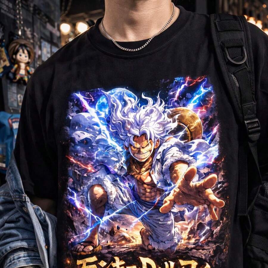 L1uffy Gear 5 One Piece M11onkey D Anime T-Shirt. Unisex 220g Thick Cotton T-Shirt With L1uffy Sleeve Print, Soft And Breathable With Excellent Elasticity, Skin-Friendly And Comfortable For All-Day Wear. Classic And Casual Design, Easy To Match, Ideal For Daily Outings, Streetwear, Sports, Dates, And Casual Get-Togethers Year-Round. - 黑色 - 查看 1
