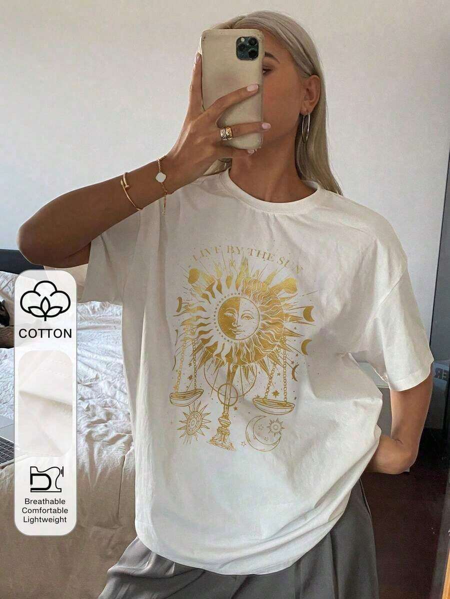 Camiseta holgada de algodón de color dorado con estampado gráfico, adecuada para primavera y verano - Blanco - Ver 1