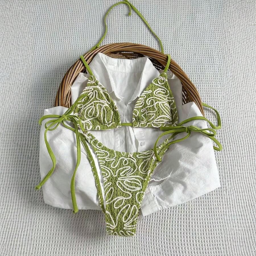 Nuevo traje de baño con tela floral, bikini sexy con lazo, traje de baño de dos piezas fresco y elegante para mujer. - Verde - Ver 1