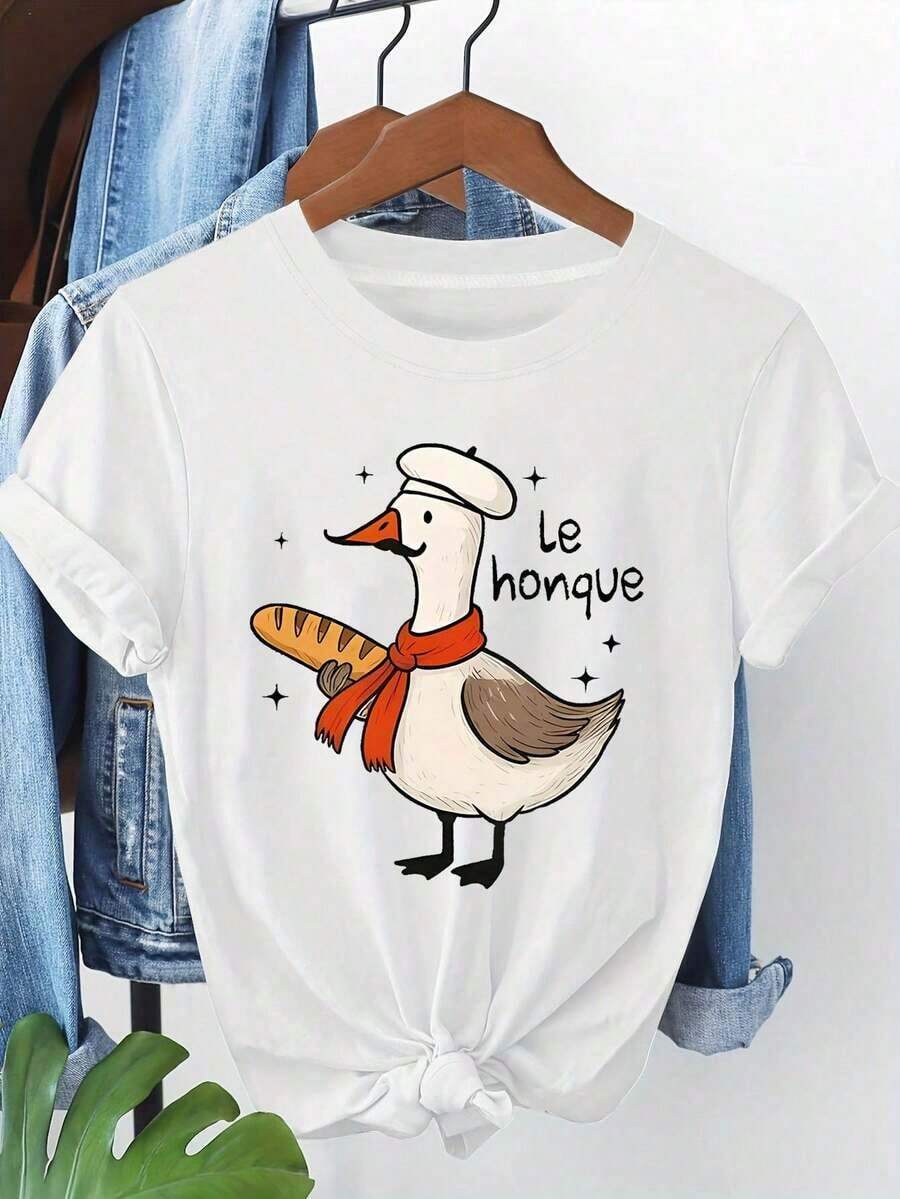 Women's Hawaiian Beach Graphic Tees Featuring The French Text "Le Honque" And A Fun French Chef Duck Print. Casual Short-Sleeve Crew Neck Tee, Ideal For Spring And Summer, Everyday Wear, Holiday Gift, 100% Cotton, Plus Size, Travel. - 白色 - 查看 1