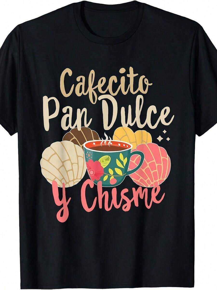 T-Shirt Featuring Hispanic Mexican Concha Coffee, Cafecito, Sweet Bread, And Gossipplayeras de mujer - Negro - Ver 1
