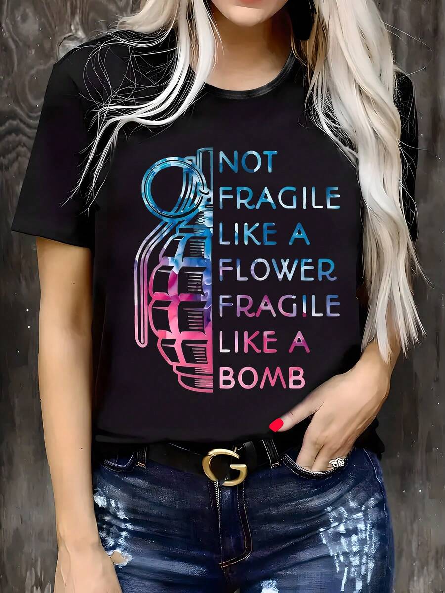 Camiseta Casual de Mujer con Estampado, Cuello Redondo, Manga Corta, Tejido Ligeramente Elástico, Estilo Regular, Cómoda para Todas las Estaciones, Ropa de Mujer - Negro - Ver 1