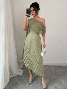 Vestido largo de mujer elegante de gasa con un hombro, plisado, brillante, para primavera/verano - Café integral - Ver 11