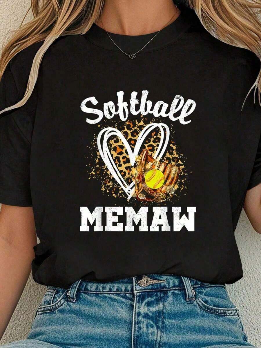 "Memaw" Family Matching 100% Cotton Leopard Heart Print Softball Shirt, Casual Crew Neck Short Sleeve T-Shirt, Comfortable For Spring And Summer, Women's Clothing - 黑色 - 查看 1