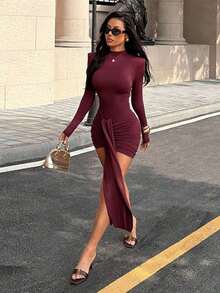1 pieza Elegante vestido midi de cuello alto con volantes y drapeado de tela de punto de unicolor, adecuado para fiesta, cumpleaños, cena formal, cita, primavera, festival, vestido elegante de mujer, boda, Día de la Madre, de moda, color borgoña - Burdeos - Ver 2