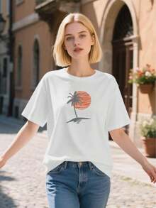 Men's And Women's Tropical Palm Tree And Sunset Print T-Shirt - Orange-Yellow Gradient, Loose Fit, Beach Vacation T-Shirt, Casual Everyday Wear And Tropical Getaways - Unisex T-Shirt - 白色 - 查看 4