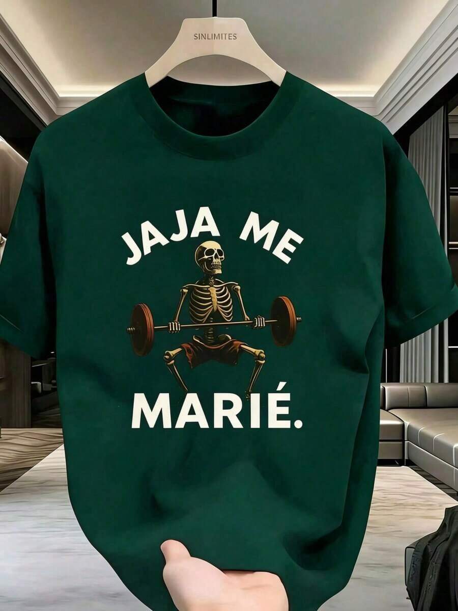 Free Shipping, Local Delivery In Mexico. Delivery In 4 Days. Funny Gym T-Shirt - Black T-Shirt With Skeleton Graphic Lifting Weights And "Haha Yo Marie" Text - Durable Workout Gym Tee, Streetwear - Machine Washable Regular Fit Short Sleeve T-Shirt - Fitness Clothing, Gym Tees, Casual Streetwear, Crew Neck, Bold Graphic Print - 深綠色 - 查看 1