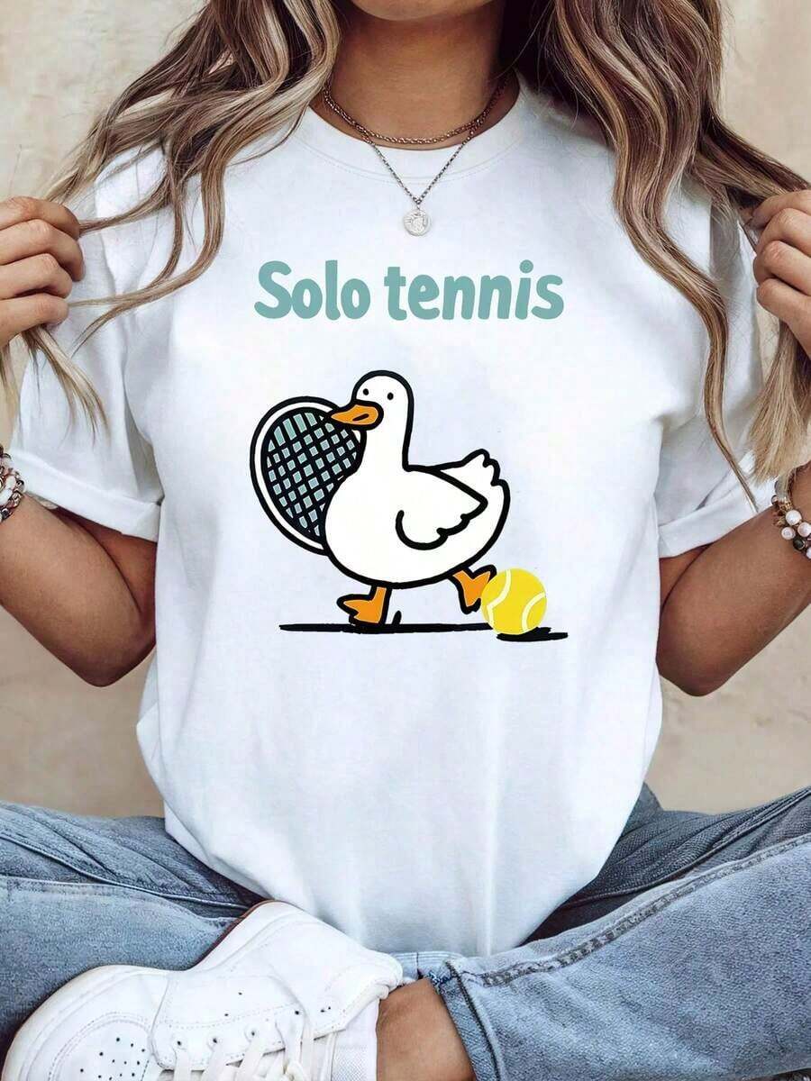 Vintage Women's T-Shirt With A Cute Duck And Tennis Print, Suitable For Tennis Lessons, Court Parties, And Outings. Fun And Cute, Short-Sleeved, With A Sporty Style. Women's T-Shirt Top > Basic - 白色 - 查看 1
