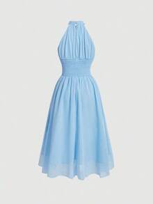 MOD Vestido elegante de cuello halter con pliegues y ribete de volantes para mujer - Celeste - Ver 2
