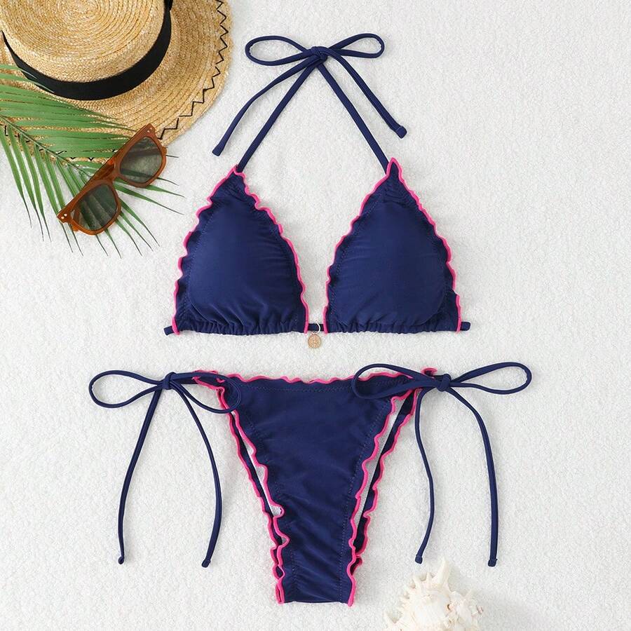 New Style Of Two-Piece Bikini With Halter Neck And Laces, With Push-Up Effect For Women. - 藍色 - 查看 1