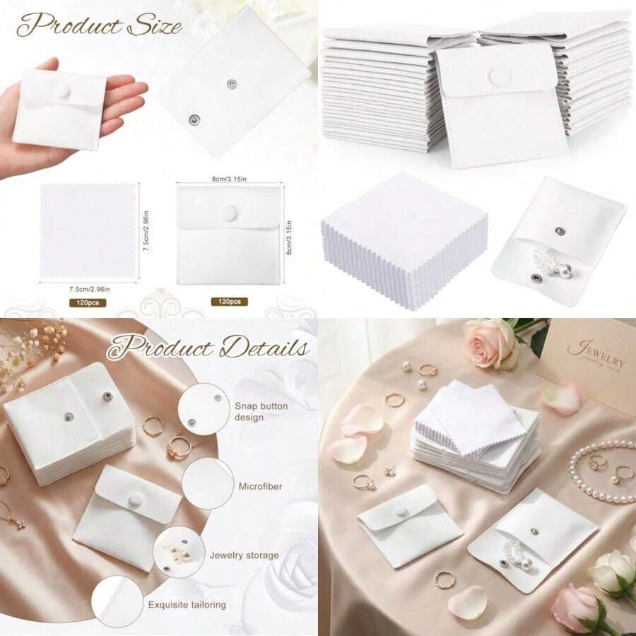 Paquete de 120 bolsas de microfibra para joyas con paño de limpieza 3.2 x 3.2 pulgadas bolsa de embalaje de joyas con bolsas de botón a presión blanco - Blanco - Ver 1