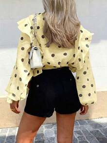 Blusa casual y sexy con estampado de corazón, contraste de color, botones delanteros y volantes/flecos en el bajo para uso en casa y vacaciones - Amarillo - Ver 2