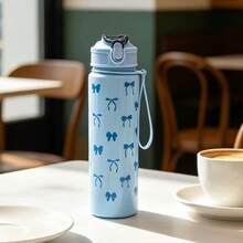 1pc 750ml Minimalist Bow Print Summer Water Bottle With Straw, Suitable For Sports, Outdoor, Home, Office, School, Portable And Suitable As A Gift - Clear - View 7