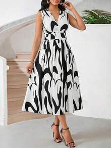 Vestido veraniego sin mangas de mediana longitud para mujer, de tela tejida con textura en color verde - Multicolor - Ver 4