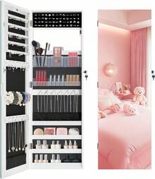 Full Length Mirror Jewelry Organizers And Storage Cabinet, Wall Or Door Mounted, Necklace Ring Earring, And Makeup Storage Lockable Gift Armoire, White. - 白色 - 查看 1