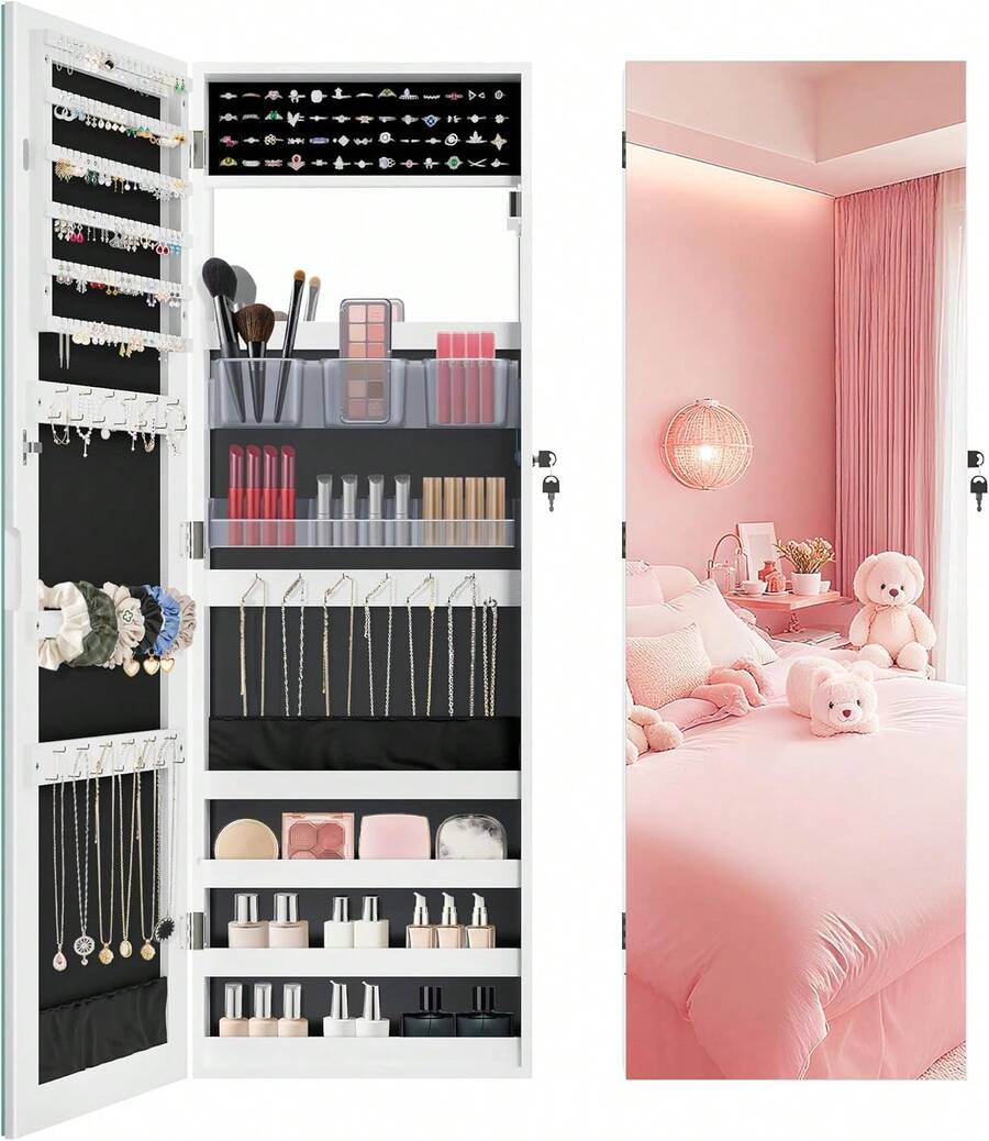 Full Length Mirror Jewelry Organizers And Storage Cabinet, Wall Or Door Mounted, Necklace Ring Earring, And Makeup Storage Lockable Gift Armoire, White. - 白色 - 查看 1