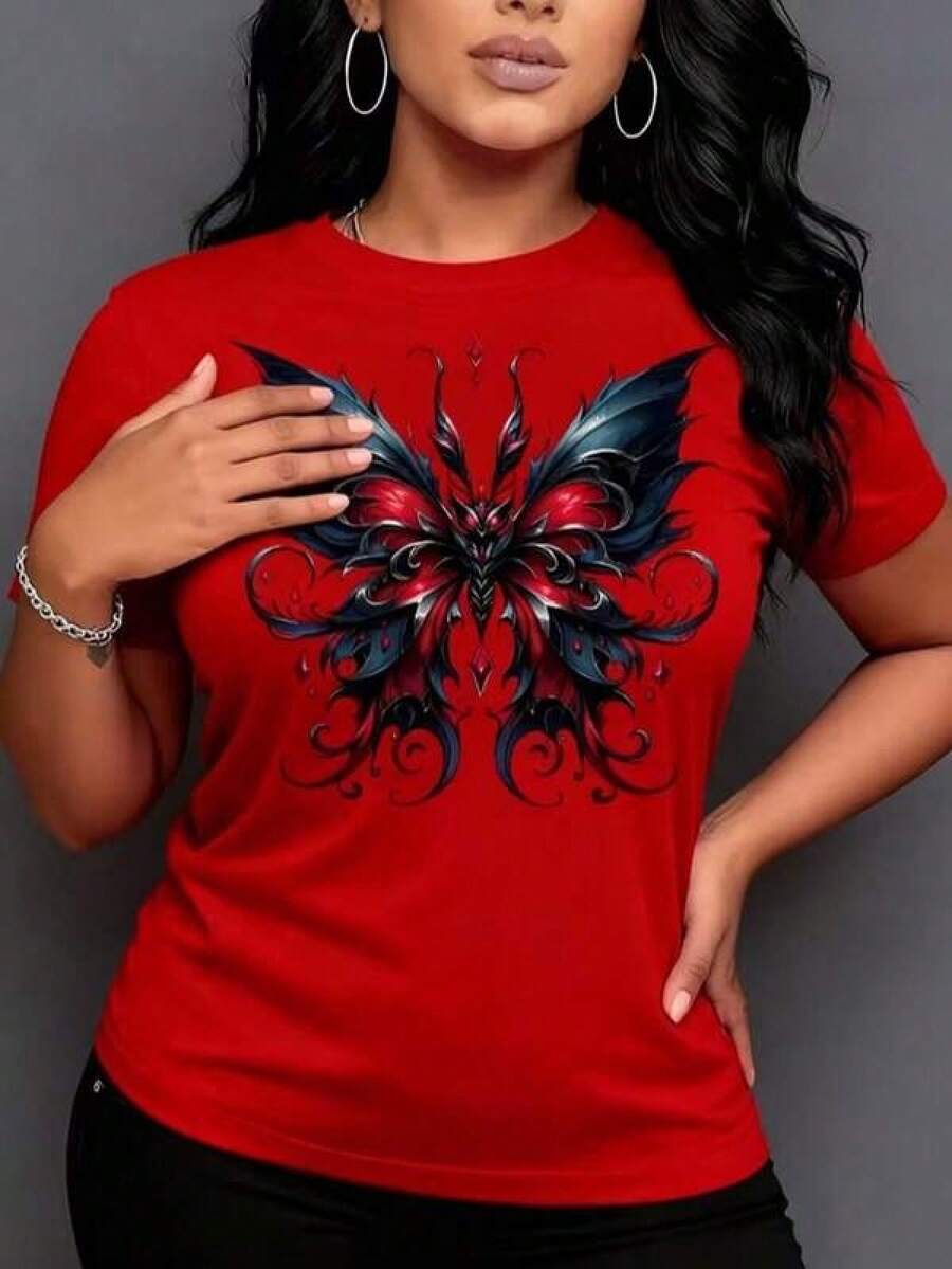 New 2026 Playera con diseño de mariposa, estampado, ideal para uso diario, llamativo, moderno, holgado, cuello redondo, manga corta, ideal para tí - Rojo - Ver 1