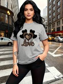 A Combination Of Wildness And Tenderness, This Black Heart-Shaped Balloon Pattern Print With Leopard Print Is Fashionable And Stylish. This Simple, Casual, Round-Neck, Short-Sleeved Women's T-Shirt Is Suitable For Activities Such As Leisure, Tourism, And Vacations. 13419 - Daily Wear, Easy To Wash And Maintain - 淺灰色 - 查看 12