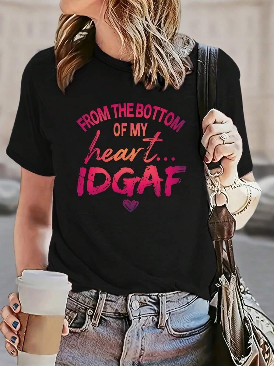 Women's 100% Cotton T-Shirts 2026 Letter Print T-Shirt, Casual Short Sleeve Round Neck Top For Spring And Summer, Women's Clothing Zomer Kleding - 黑色 - 查看 1