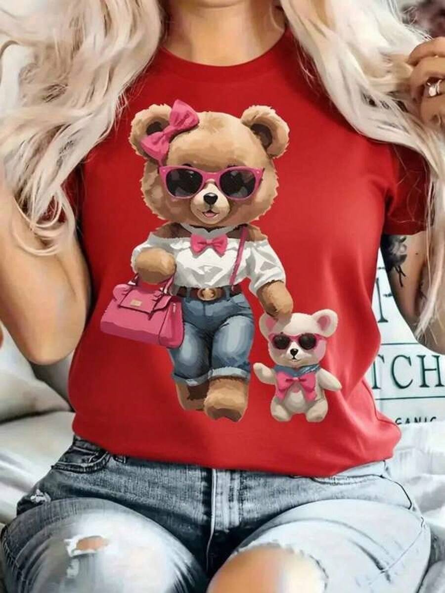 New 2026 Playera con estampado de Osa Moderna, ajuste regular cuello redondo manga corta fiesta suave - Rojo - Ver 1