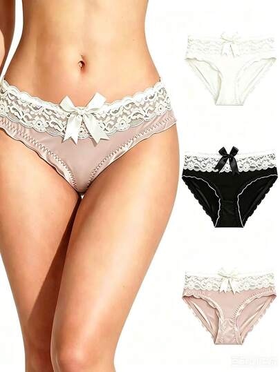3pcs Women's Mid-Waist Lace Bow Decor Comfortable Panties, Soft Smooth Elegant Triangle Underwear