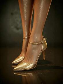 Gold Single Buckle Pointed Toe Hollow Out High Heel Shoes For Women - 金色 - 查看 1