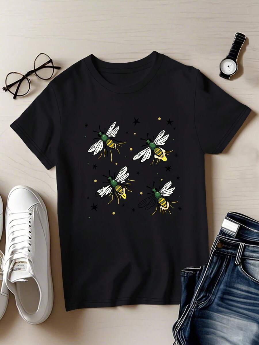 Camiseta de mujer con estampado de luciérnaga y estrellas, diseño peculiar de luciérnaga, manga corta, cuello redondo, top casual, ropa de mujer para primavera/verano. - Negro - Ver 1