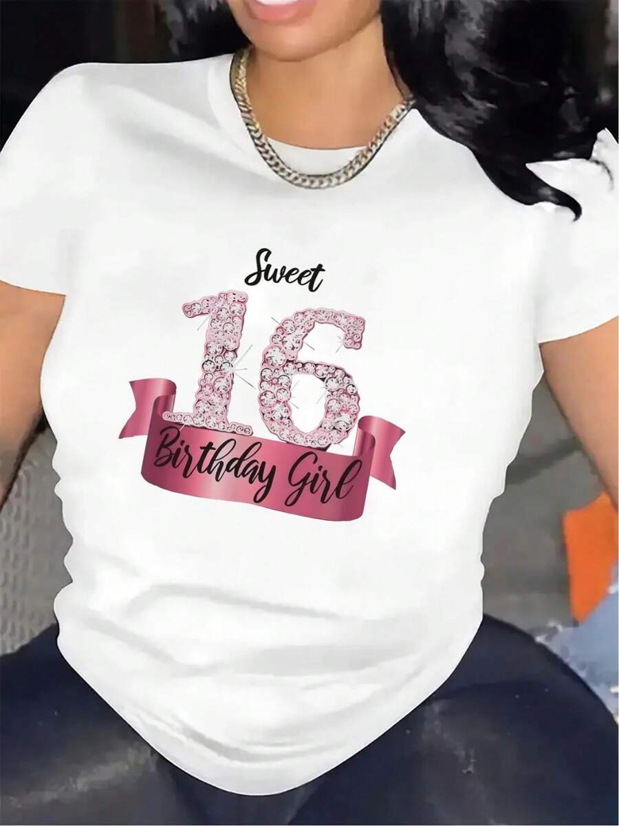 Camiseta de cumpleaños con lentejuelas rosas ecológicas para mujer, exclusiva de manga corta para la celebración del 16º cumpleaños, top de cuello redondo de moda europea y americana para chicas de fiesta, regalo de cumpleaños primavera/verano 2026. - Blanco - Ver 1