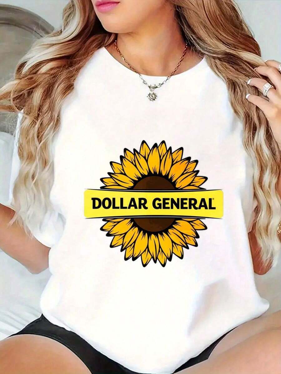 Camisetas de Algodón con Cuello Redondo y Estampado Gráfico para Mujer, Estampado con el Logo de Girasol de Dollar General, Camisetas Casuales de Manga Corta de Talla Grande, Camisetas Unisex, Camisetas de Moda para Mujer de Primavera y Verano. - Blanco - Ver 1