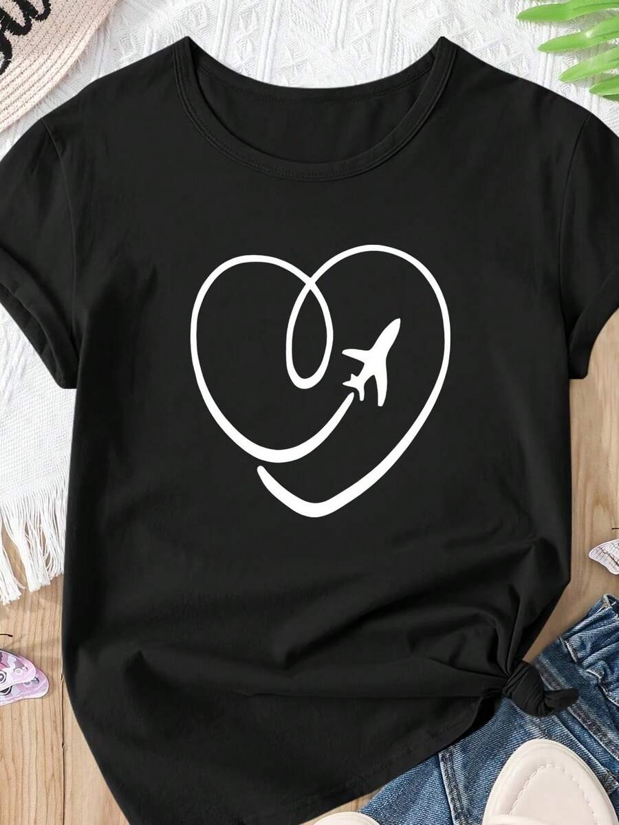 Camiseta de Verano Casual de Manga Corta con Diseño Estampado en Forma de Corazón - Negro - Ver 1