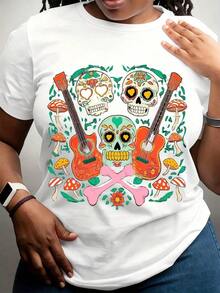 Women's Clothing Day Of The Dead Skull And Mushroom Print T-Shirt, Sugar Skull Design With Acoustic Guitars And Crossed Thorns, Festival And Party Wear, Women's Shirts - 白色 - 查看 6