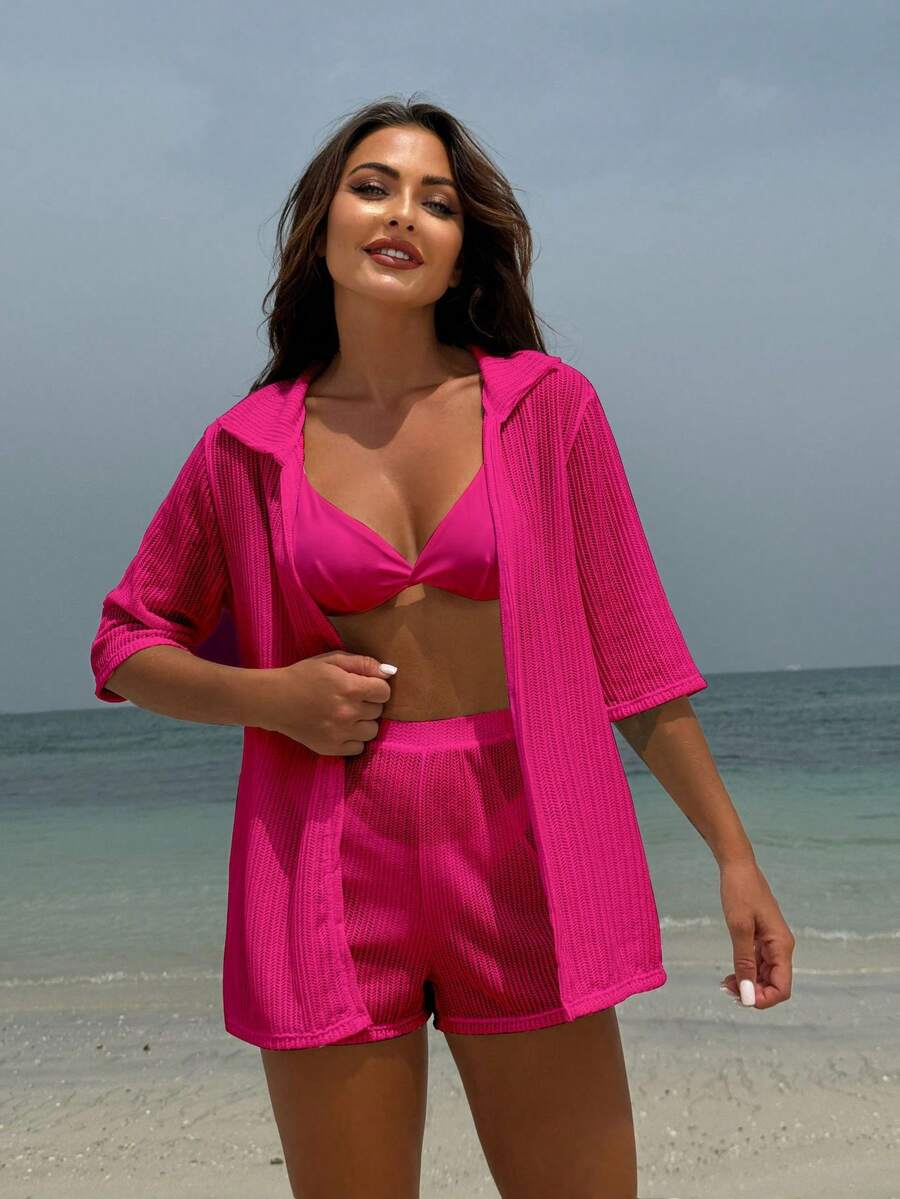 Conjunto de traje de baño de cuatro piezas de color sólido, que incluye camisa de malla para protección solar y pantalones cortos. - 9199 Juego de tres piezas color rojo rosa - Ver 1