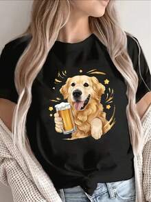 Camiseta de manga corta de poliéster, con un Golden Retriever sosteniendo una cerveza, adecuada para uso casual en el hogar y en restaurantes, ligera y duradera, una opción ideal para amantes de los perros y salidas divertidas. - Negro - Ver 7