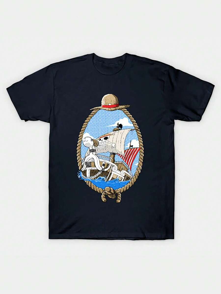 One Piece Ship Men's T-Shirt - 220g Heavyweight Cotton Short-Sleeve T-Shirt Featuring The Iconic Pirate Ship Logo And Hat From The One Piece Manga, Suitable For Fans As A Casual Crew Neck T-Shirt For Everyday Wear And Outdoor Activities. - 黑色 - 查看 1
