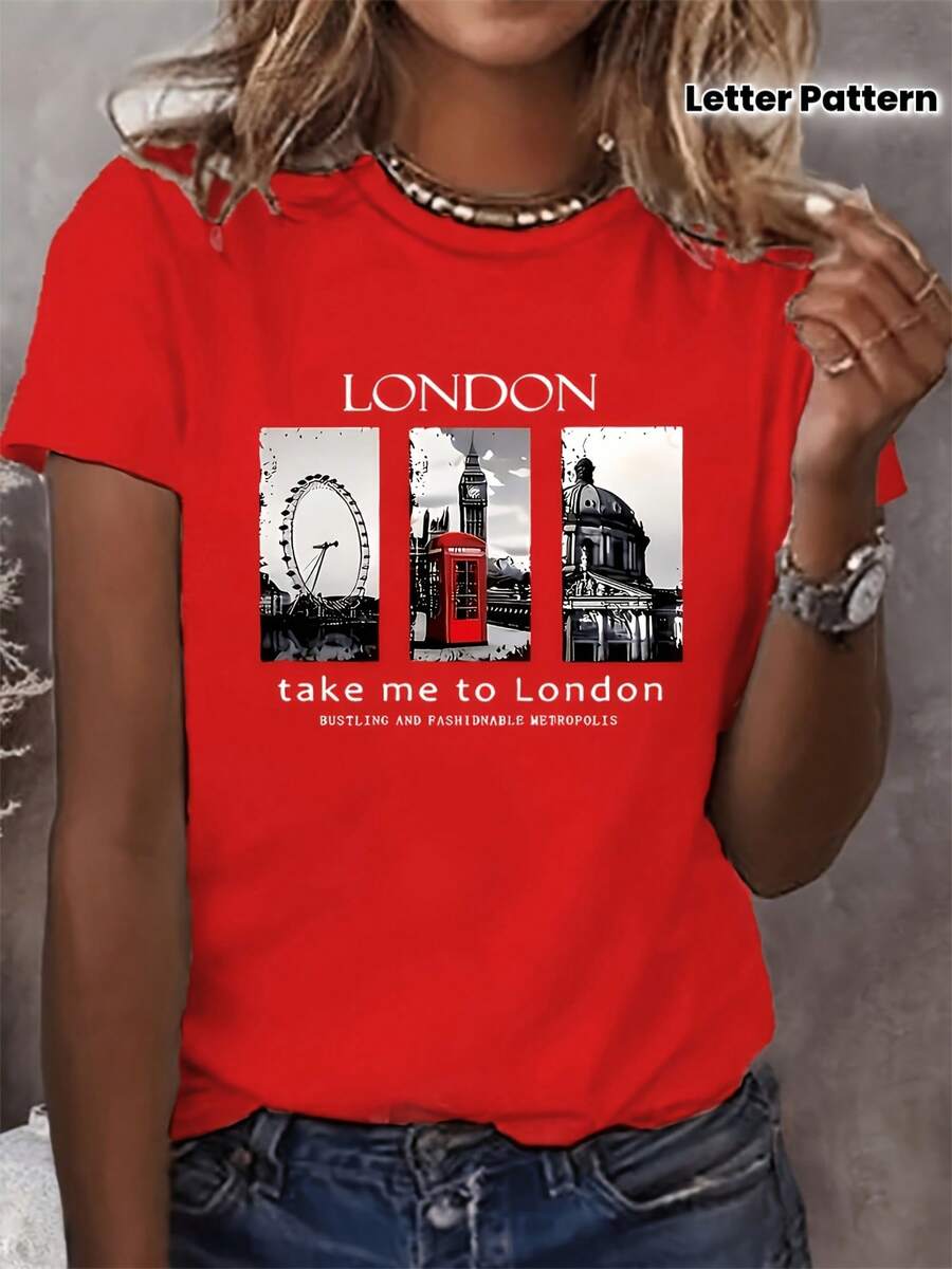 Camiseta de manga corta de verano para mujer, estilo europeo y americano, con estampado de letras de Londres y edificios icónicos de la ciudad, combinación moderna y con estilo femenino - [Rojo] - Ver 1