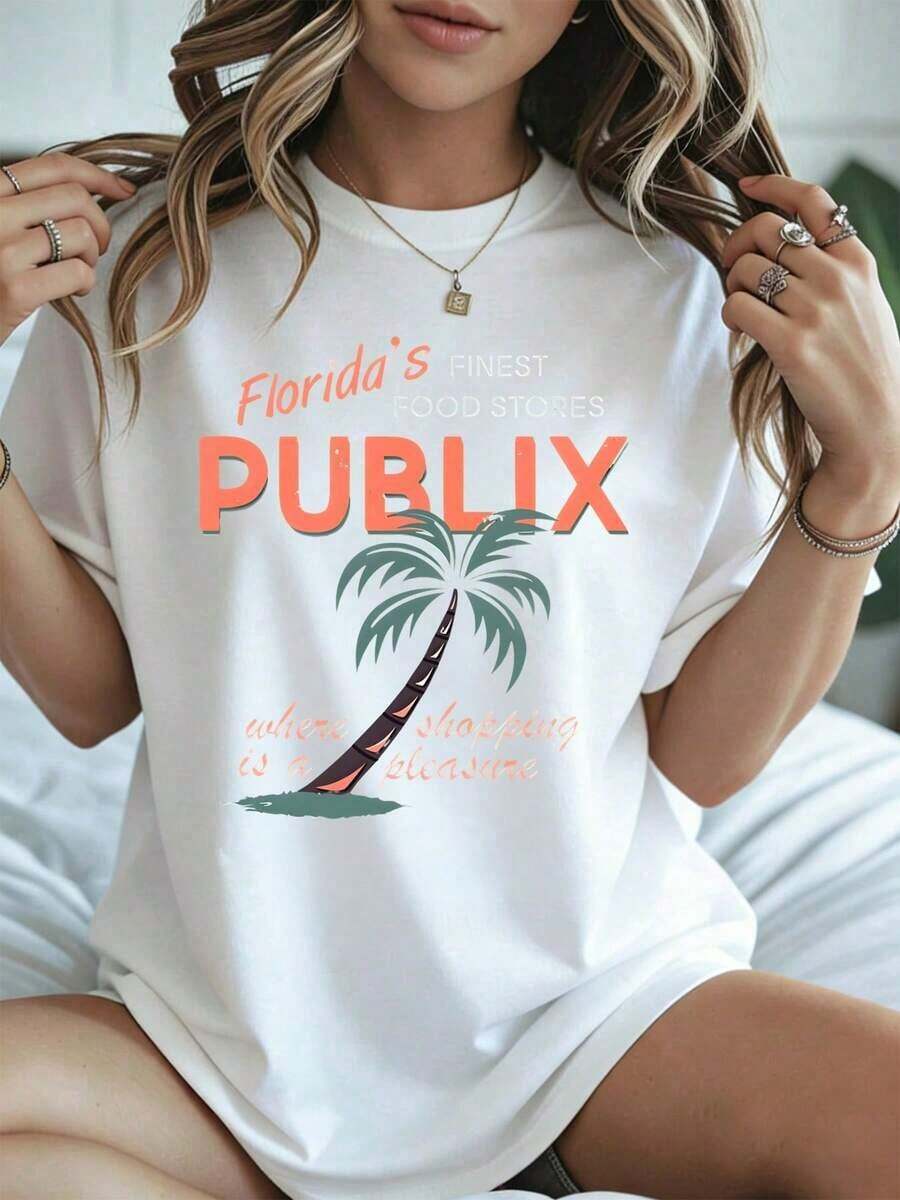 Elegant And Casual Women's Short-Sleeved T-Shirt With Palm Tree Design And Text From Florida Finest Food Stores Publix, Black Summer Casual Wear. - 白色 - 查看 1