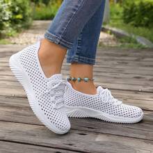 Women's White Breathable Hollow Mesh Slip-On Athletic Sneakers, Outdoor & Daily Wear Running Shoes - White - View 4