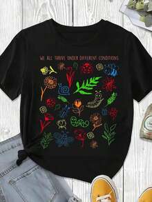 Elegante y casual para mujer, manga corta, camiseta blanca con estampado de naturaleza colorido y una cita inspiradora: Todos prosperamos bajo diferentes condiciones. Ropa casual para mujer, moda de primavera y verano. - Negro - Ver 3