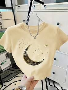 Women's Ultra-Short Moon Print Round Neck Short Sleeve T-Shirt, Modern Design - Unisex Urban Vintage Style Loose Fit Cotton T-Shirt With Round Neck And Short Sleeves. - 杏色 - 查看 6