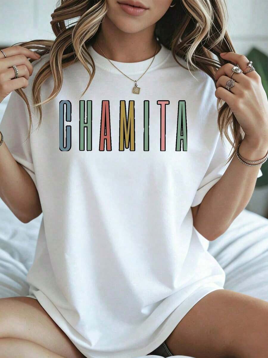 Elegant And Casual Women's Short-Sleeved Chamita T-Shirt, Colorful Letter Print For Summer Festival, White Casual Clothing For Women In Summer. - 白色 - 查看 1