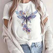 Camiseta Casual de Manga Corta para Mujeres - Estampado Floral y de Libélula, Cuello Redondo, Tela Transpirable Semi-Transparente con Bloqueo de Color en Contraste, Ajuste Regular Silueta H para Verano y Uso en Todas las Estaciones, Moda de Todas las Estaciones, Tela de Elasticidad Media - blanco - Ver 7