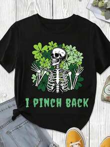 Elegante y casual para mujer, manga corta, camiseta blanca con estampado de esqueleto y trébol para el Día de San Patricio, diseño "I Pinch Back", ropa casual para primavera y verano. - Negro - Ver 3