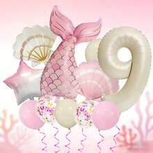 1 Set Mermaid Themed Balloon Set, Includes 32" Ivory Number Balloon, 39.37" Pink & Gold Mermaid Tail Balloon, 26" Pearl White & Pink Shell Balloons, 18" Pink & White Gradient Star Balloons, Suitable For Birthday Gifts, Mermaid Princess Themed Parties, Ocean Themed Events, Dream Theme, Easy To Create A Dreamy And Sweet Underwater Princess Atmosphere - View 13