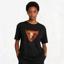 Linda Camiseta de Algodón para Mujer, Manga Corta, Cuello Redondo, Corte Regular, con Gráfico de Calavera de Estilo Country Occidental, Camiseta Fresca de Verano, Estilo Unisex - Negro - Ver 2