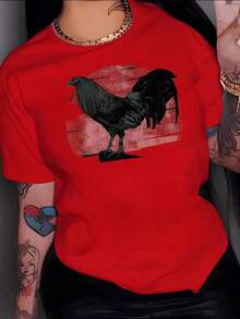 Black Rooster Symbolizing Strength, Courage And An Indomitable Spirit On A Red Sun In Artistic Style, Women's T-Shirt, 100% Cotton. - 紅色的 - 查看 7