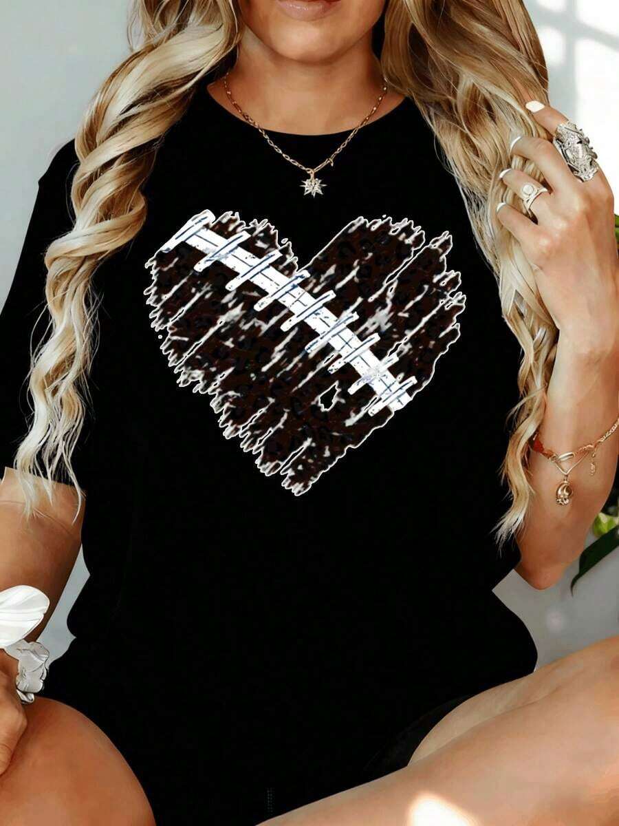 Women's Oversized T-Shirt With White Leopard Heart Print, Casual Loose Fit, Fashion Graphic Top, Summer Clothing Option, 180g, For Home And Outdoor Leisure, Gift For Valentine's Day Or Party - 黑色 - 查看 1