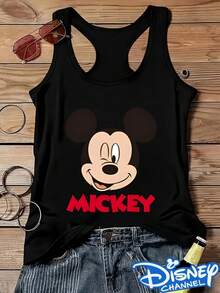 Disney Mickey Cartoon Head Print, Warm Wind Ladies Sleeveless Vest In Summer, Comfortable Round Neck Version, 100% Polyester Fiber, Suitable For Summer Wear. - màu đen - Xem 1